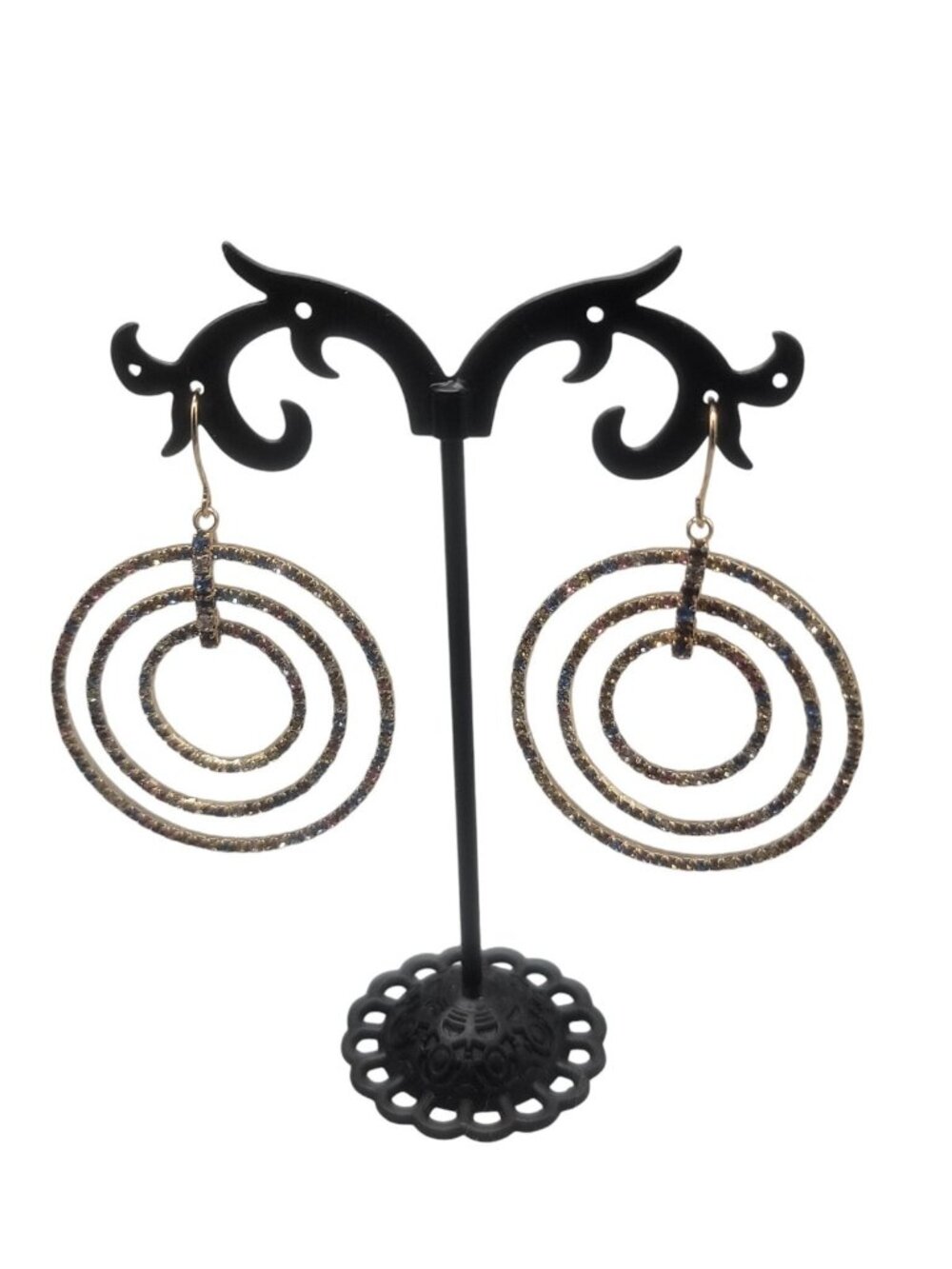 Triple Circle Multicolored Rhinestone Hoop French Wire Hook Earrlngs